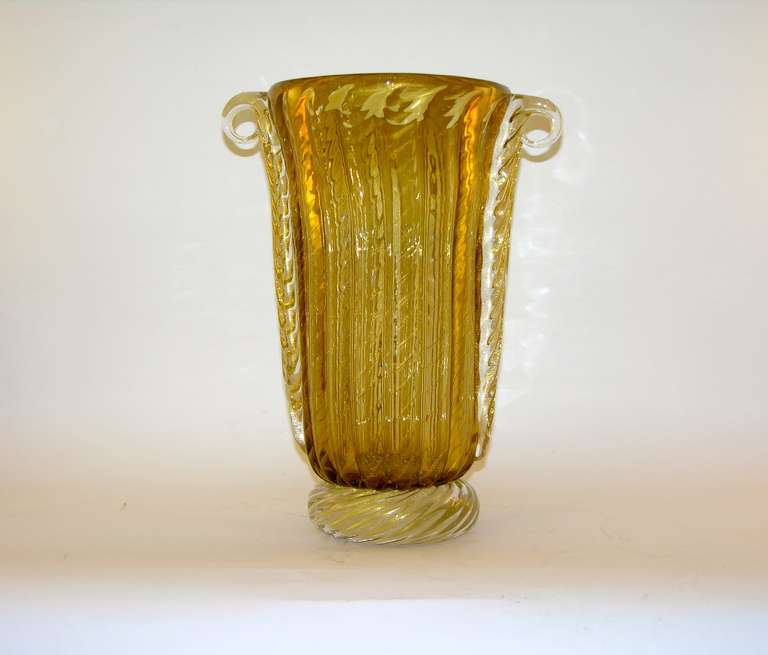 Pino Signoretto Romantic Italian Ribbed Murano Glass Vase Worked with Pure Gold 3