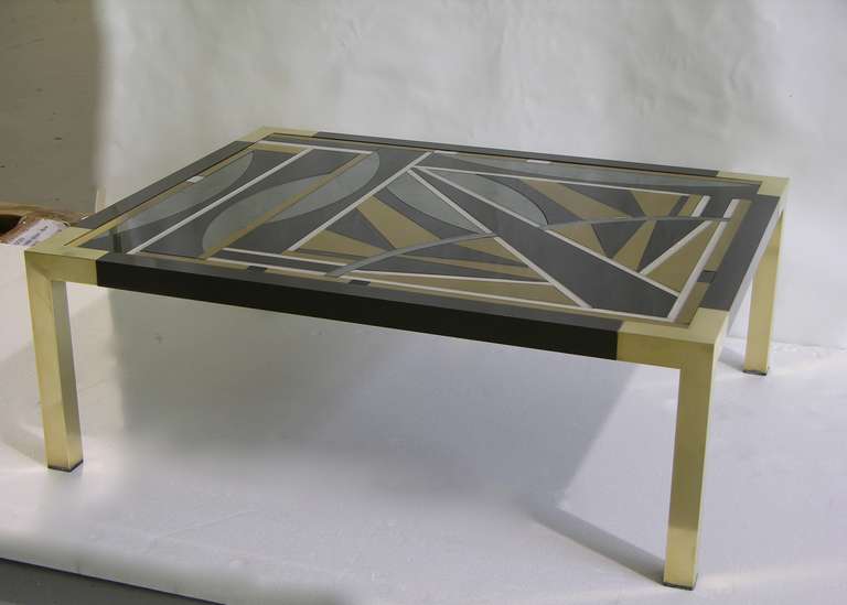 Italian Decorative Bronze and Glass Coffee Table with Geometric Decor