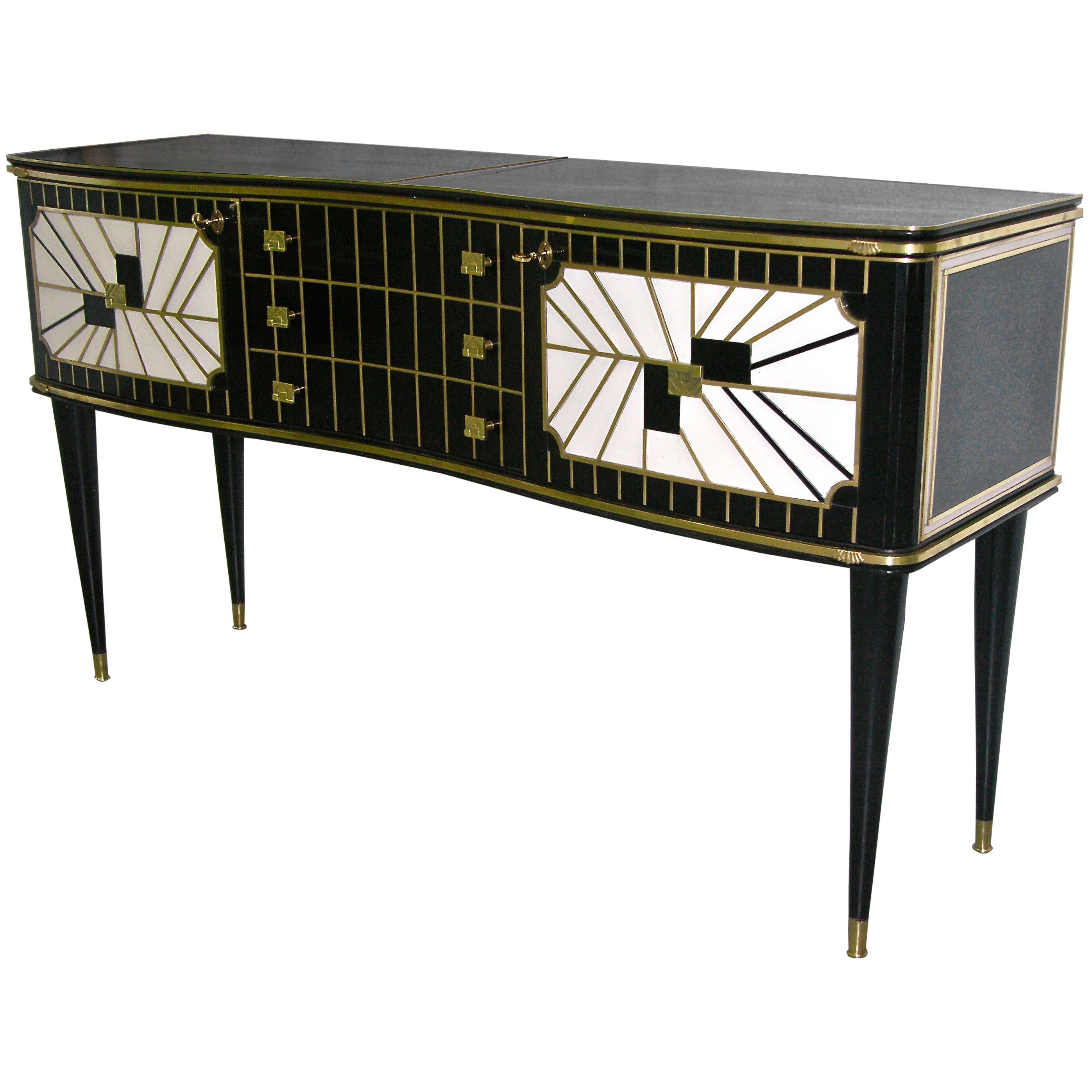 1970s Italian Art Deco Design Black and White Sideboard Highlighted in Bronze