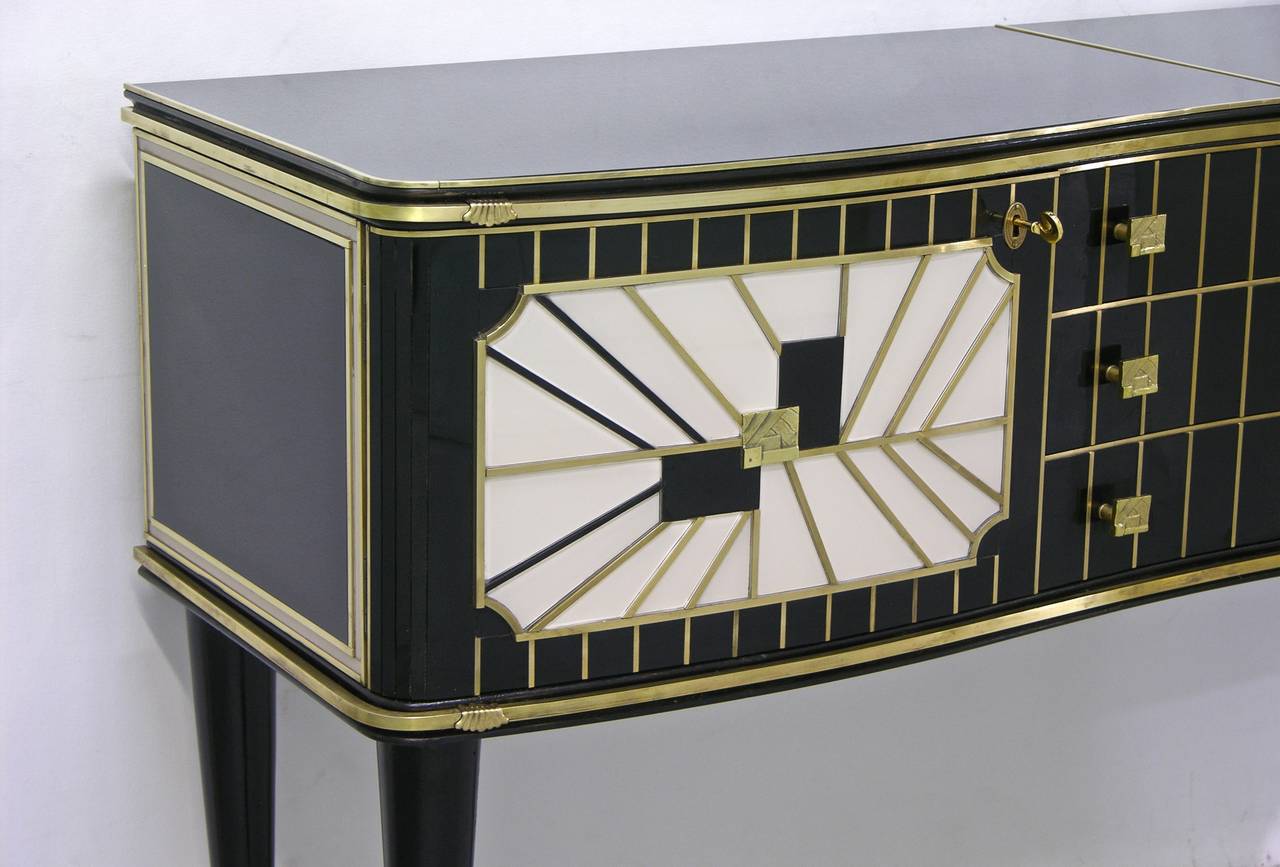 Late 20th Century 1970s Italian Art Deco Design Black and White Sideboard Highlighted in Bronze