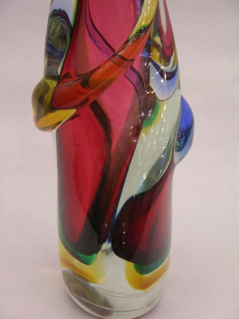 Late 20th Century 1970s Italian Green Yellow Red Sculpture Vase in Sommerso Crystal Murano Glass