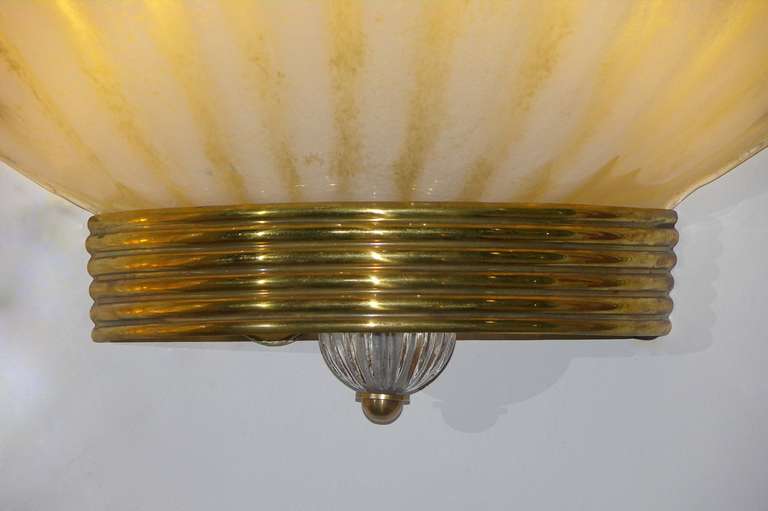 Italian 1970s Art Deco Style Vintage Shell Sconces in Gold & White Murano Glass For Sale