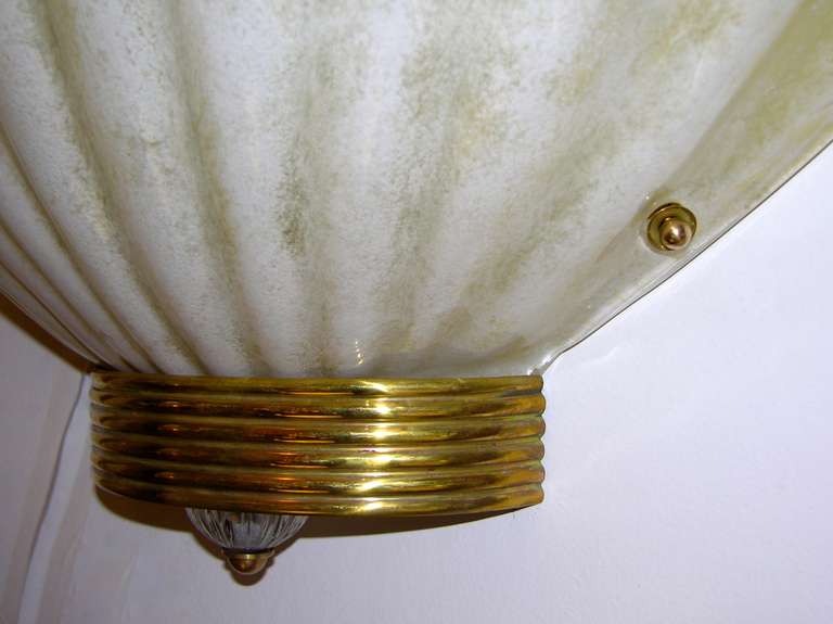 Brass 1970s Art Deco Style Vintage Shell Sconces in Gold & White Murano Glass For Sale