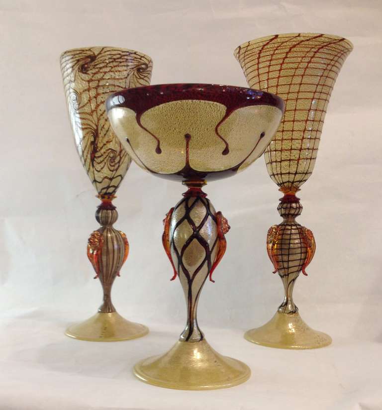 Set of Three Murano Glasses with Detailed Overlay by La Murrina