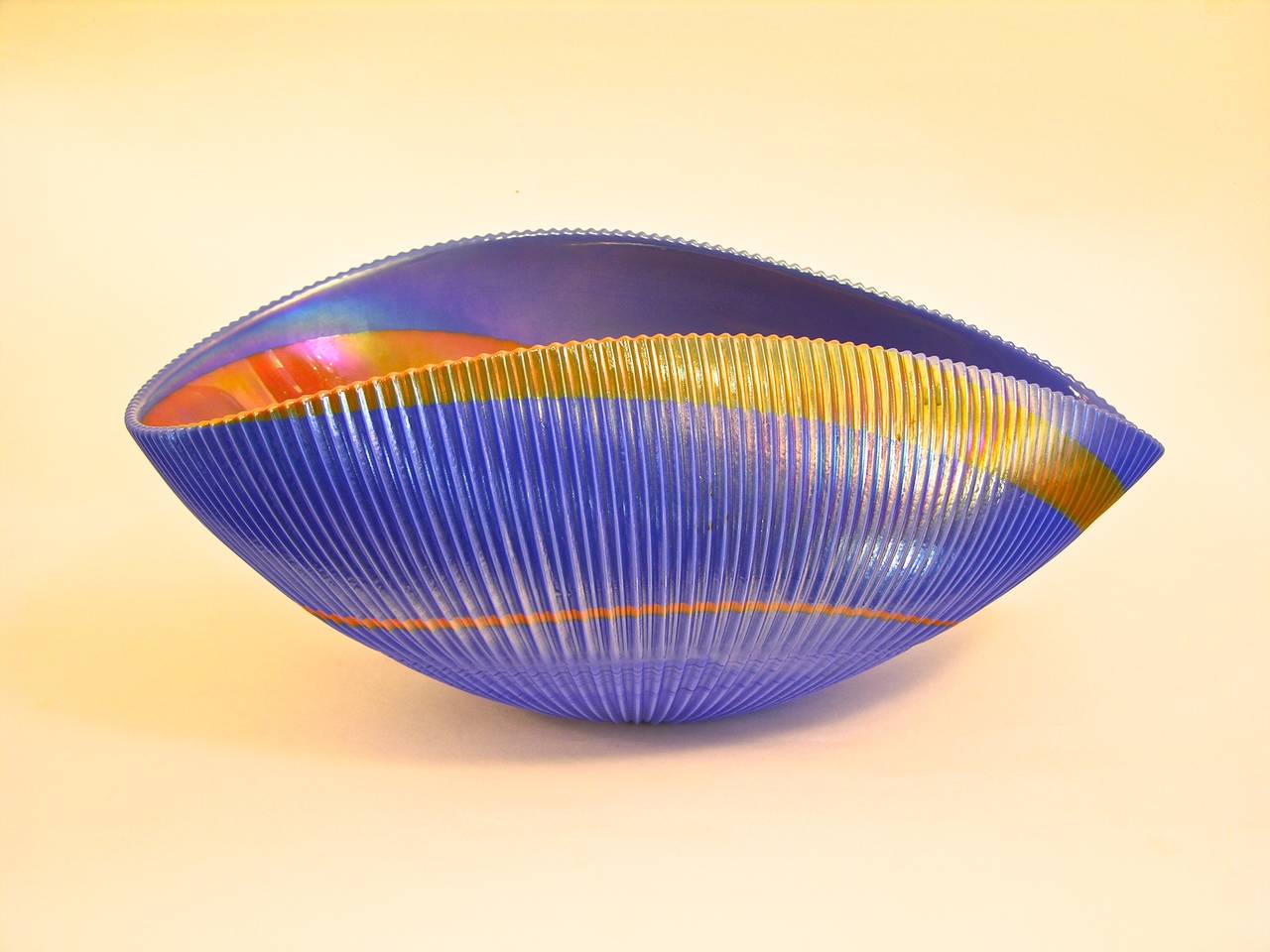 Italian Blue and Copper Murano Art Glass Waved Bowl