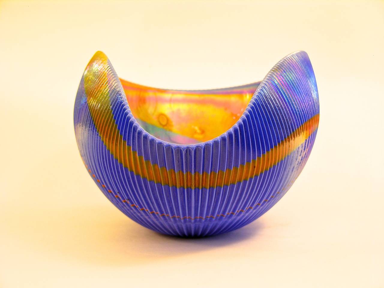 Blown Glass Blue and Copper Murano Art Glass Waved Bowl