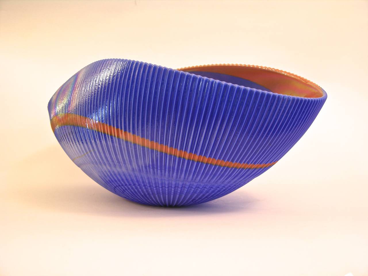 Blue and Copper Murano Art Glass Waved Bowl 1