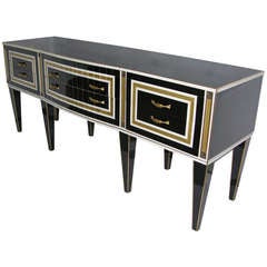 Early 1950s Art Deco Style Italian Black Glass Sideboard With Bronze Insets