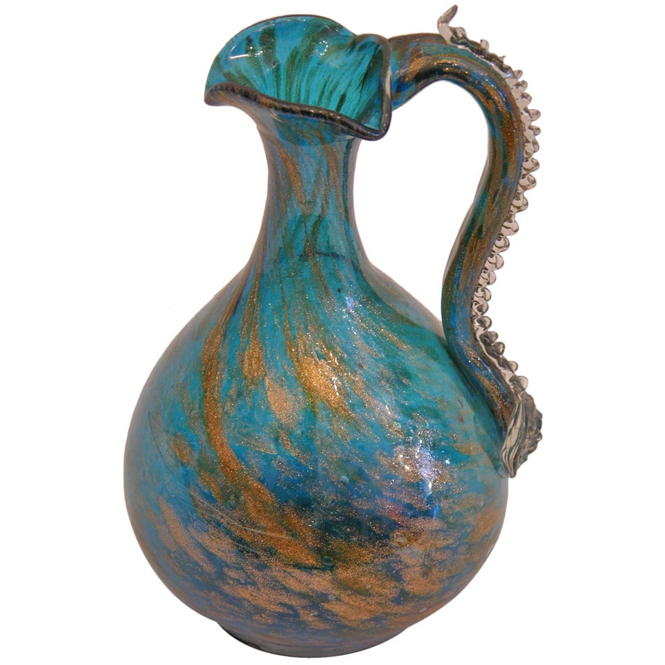 1940s Italian Gold and Aqua Blue Murano Glass Small Jug with Avventurina