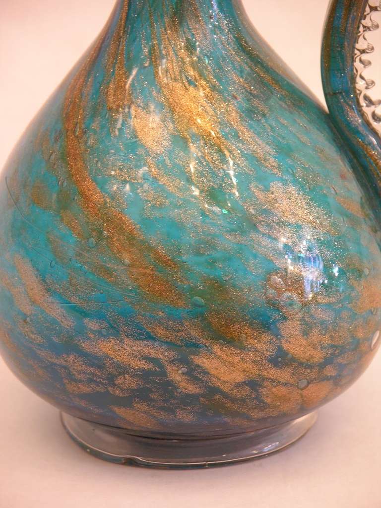 1940s Italian Gold and Aqua Blue Murano Glass Small Jug with Avventurina In Excellent Condition In New York, NY