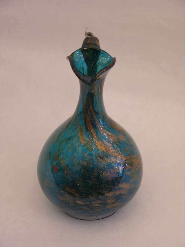 Blown Glass 1940s Italian Gold and Aqua Blue Murano Glass Small Jug with Avventurina