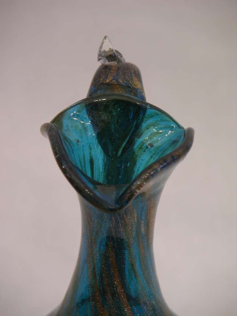 1940s Italian Gold and Aqua Blue Murano Glass Small Jug with Avventurina 2