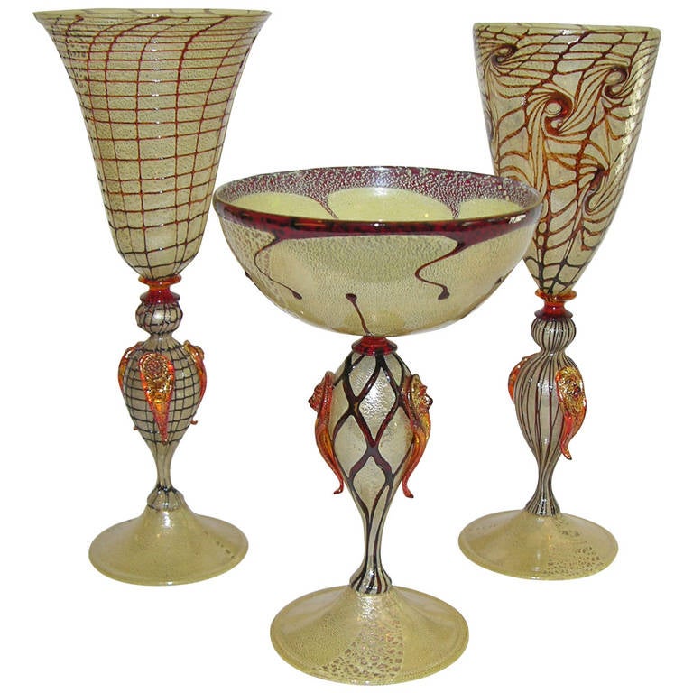 Set of Three Murano Glasses with Detailed Overlay by La Murrina at 1stdibs