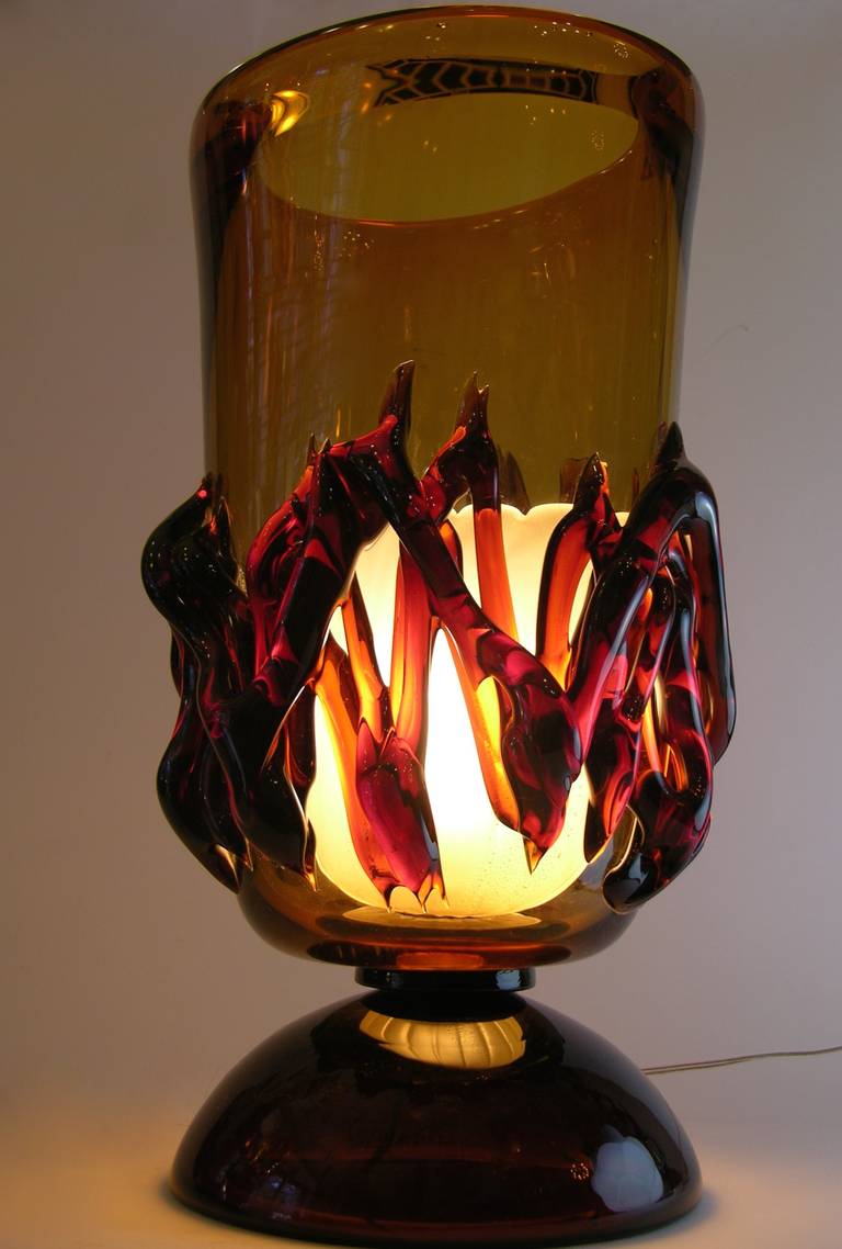 Rare Italian Pair of 1970s Flamed Amber Murano Glass Lamps 3