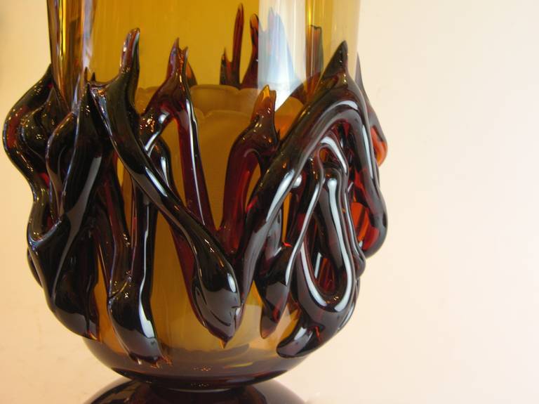 Rare Italian Pair of 1970s Flamed Amber Murano Glass Lamps 5