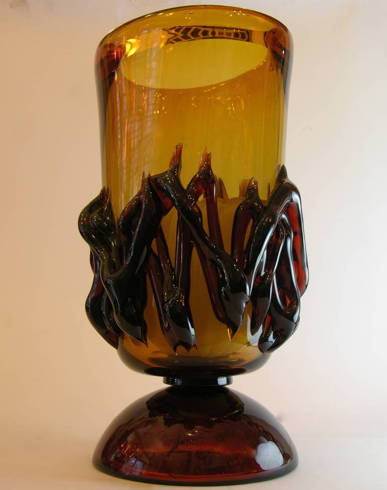 Rare Italian Pair of 1970s Flamed Amber Murano Glass Lamps 1
