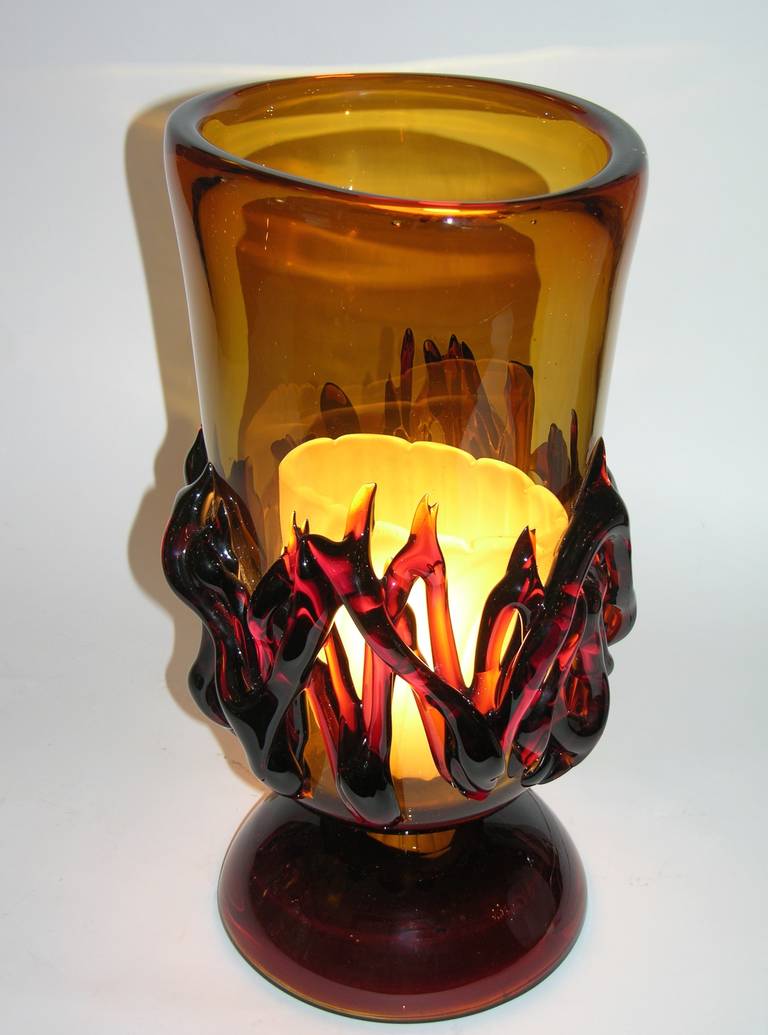 Late 20th Century Rare Italian Pair of 1970s Flamed Amber Murano Glass Lamps
