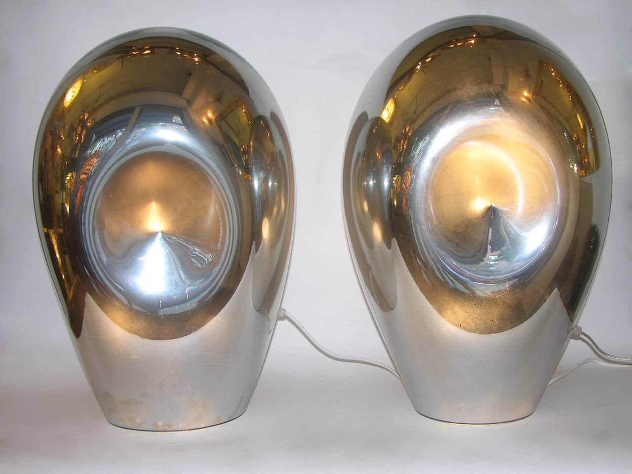 Blown Glass 1970s V. Nason Abstract Pair of Vintage Silver Mirrored Glass Table Lamps