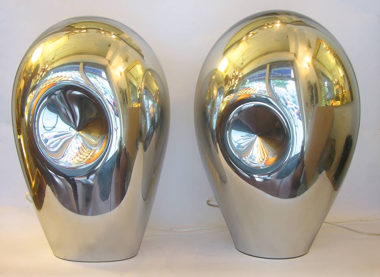 Italian 1970s V. Nason Abstract Pair of Vintage Silver Mirrored Glass Table Lamps For Sale