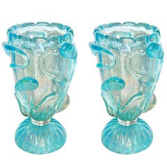 Rare Pair of 1970s Aqua Blue Murano Glass Lamps 3