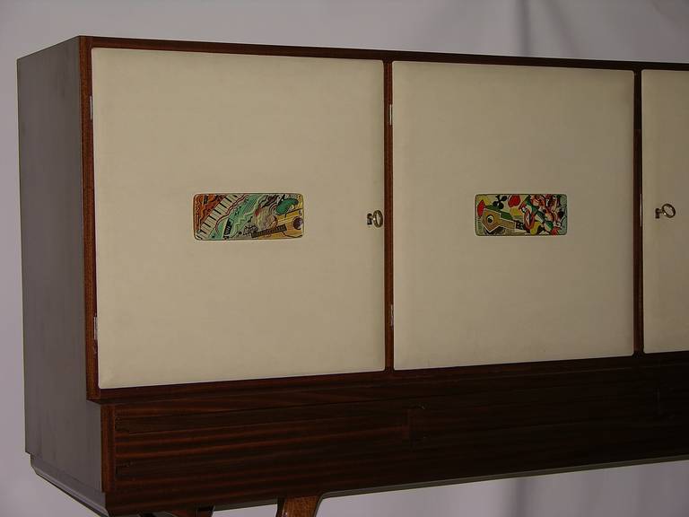 1960s Elegant Italian Vintage Cream Parchment & Colored Majolica Cabinet/Buffet 3