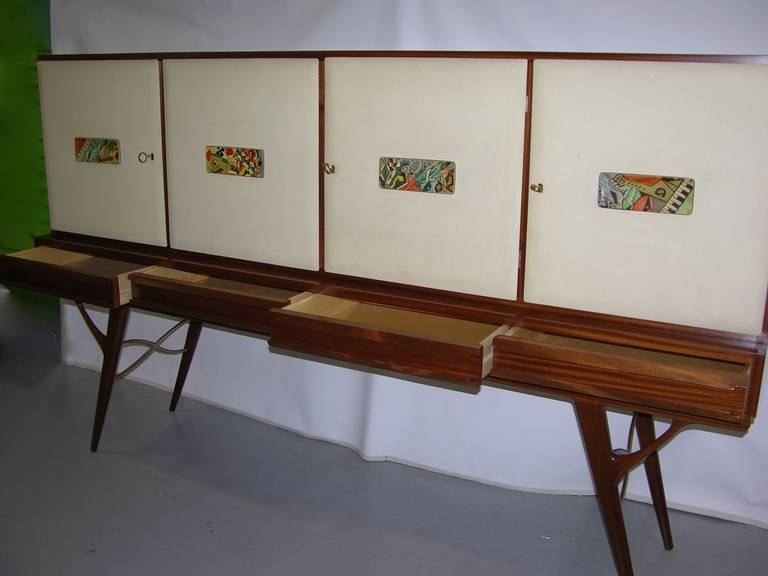 1960s Elegant Italian Vintage Cream Parchment & Colored Majolica Cabinet/Buffet 1