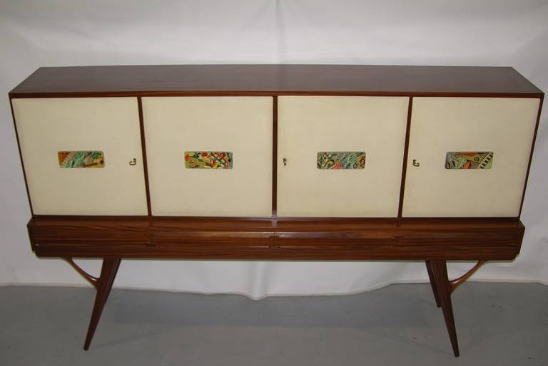 1960s Elegant Italian Vintage Cream Parchment & Colored Majolica Cabinet/Buffet 2
