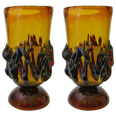 Rare Italian Pair of 1970s Flamed Amber Murano Glass Lamps