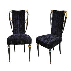 Early 1940s Glamourous Italian Pair of Side Chairs in Black Silk Velvet