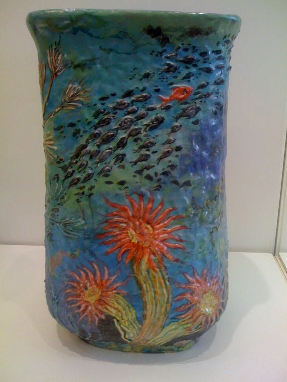 Italian One of a Kind Majolica Vase Decorated With Fishes And Shells