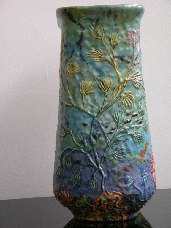 One of a Kind Majolica Vase Decorated With Fishes And Shells In Excellent Condition In New York, NY