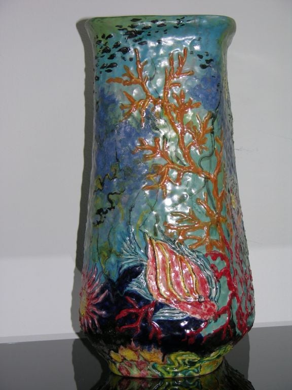 20th Century One of a Kind Majolica Vase Decorated With Fishes And Shells