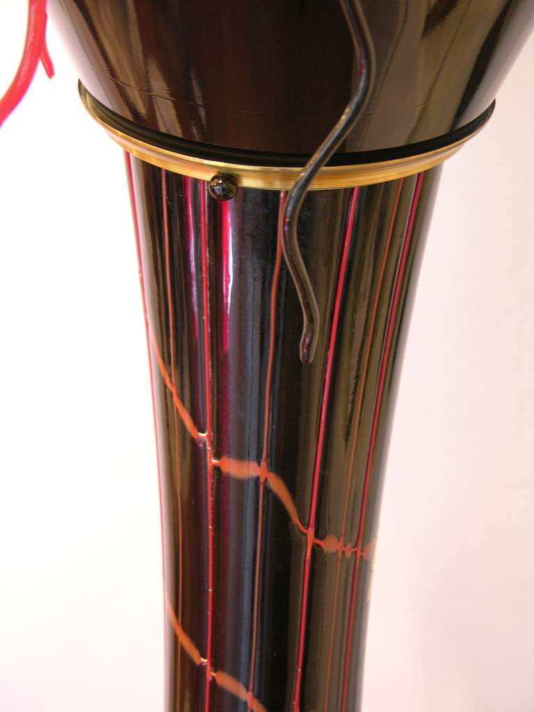 Blown Glass 1980s Italian Modern Black and Red Murano Glass Pair of Fountain Floor Lamps For Sale