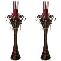 1980s Italian Modern Black and Red Murano Glass Pair of Fountain Floor Lamps 4