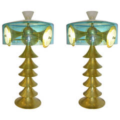 Italian Pair of One-of-a-Kind Modern Design Gold Brass and Aqua Blue Glass Lamps