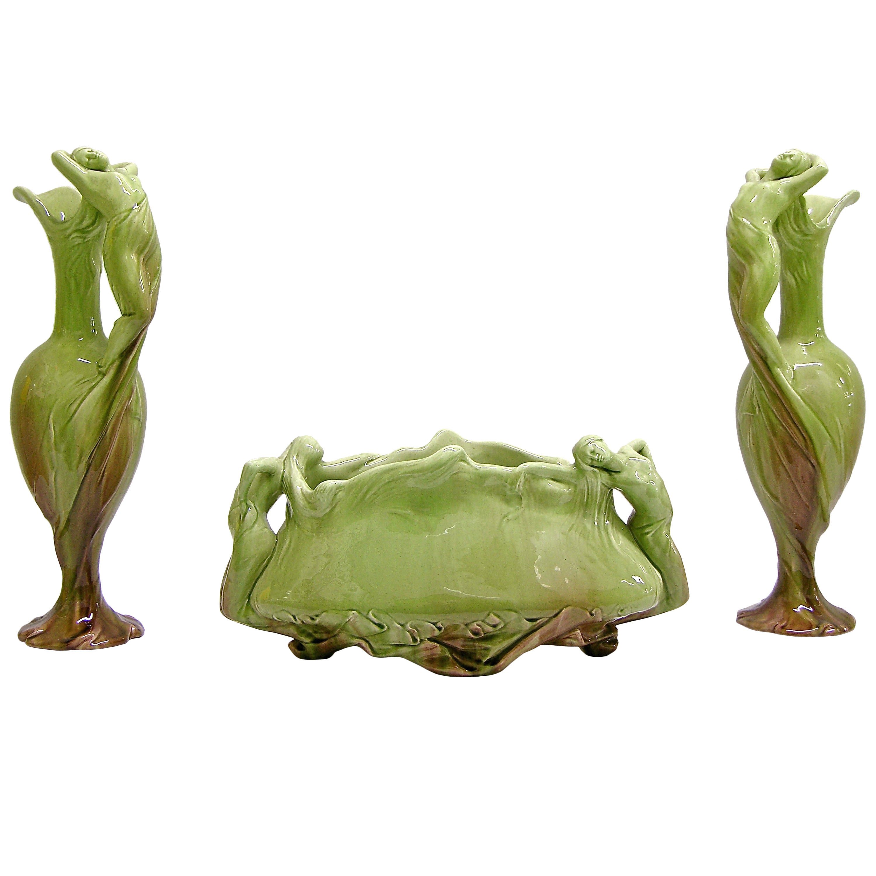 French Art Nouveau Sculptural Soft Green Majolica Garniture