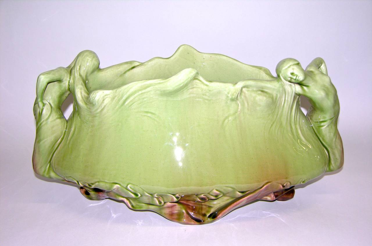 French Art Nouveau Sculptural Soft Green Majolica Garniture