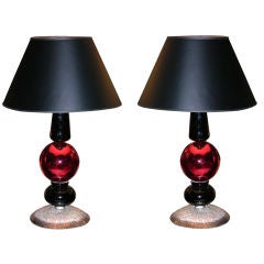 1970s Silver, Red and Black Italian Pair of Murano Glass Lamps