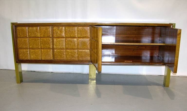 Italian 1940s Minimalist Dark & Light Palisander Wood Cabinet / Sideboard on Brass Legs