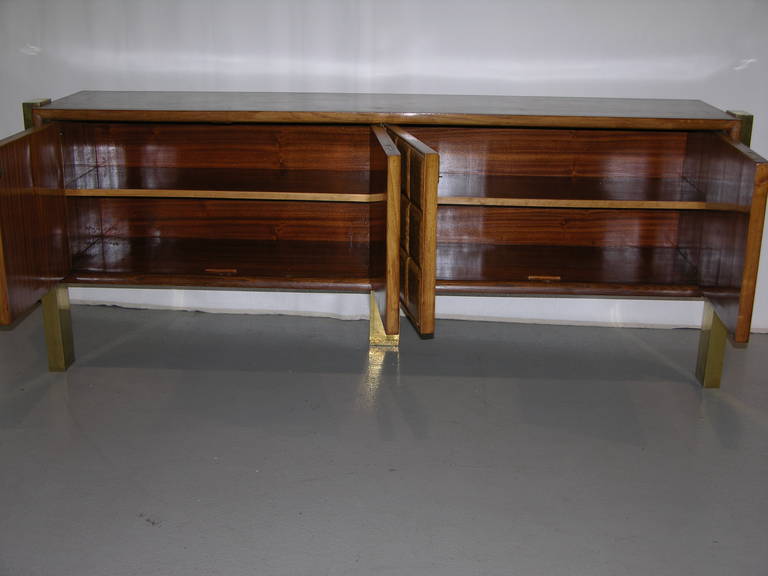 1940s Minimalist Dark & Light Palisander Wood Cabinet / Sideboard on Brass Legs 1