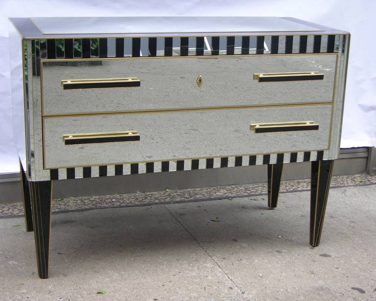 Bronze 1970s Italian Pair of Vintage Mirrored Chests / Side Tables with Black Accents