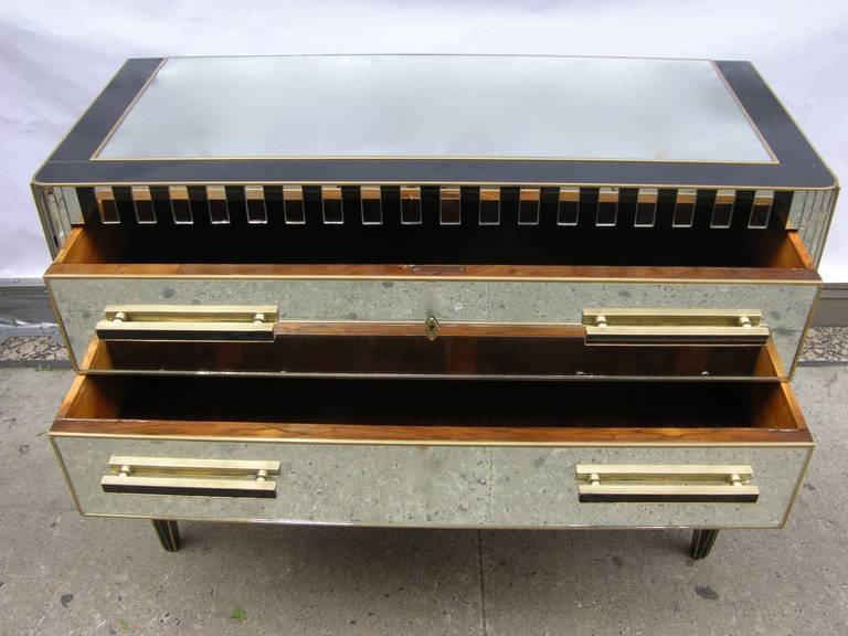 Art Deco 1970s Italian Pair of Vintage Mirrored Chests / Side Tables with Black Accents