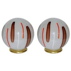 Venini 1970s Pair of Big Round Pulegoso Murano Glass Lamps