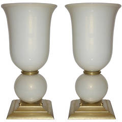 Art Deco Monumental Pair of Italian Pearlized Murano Glass Lamps