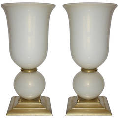 Art Deco Monumental Pair of Italian Pearlized Murano Glass Lamps