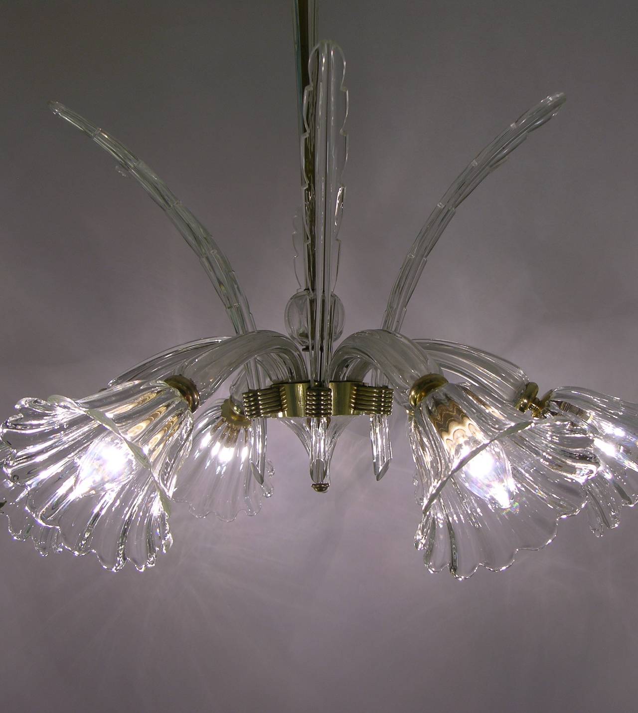 1930s Ercole Barovier Six Light Crystal Clear Murano Glass Art Deco 1930s Ercole Barovier Six Light Crystal Clear Murano Glass Chandelier For