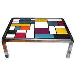 Table basse italienne en verre d'inspiration Mondrian des années 1970