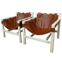 1970s Italian Design Pair of Safari Brown Leather and White Lacquered Chairs 1