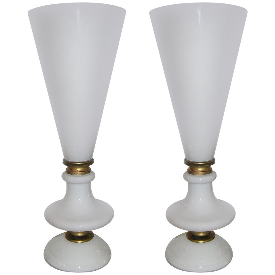 1960s Rare Pair of Flared Lamps/Torcheres in Opaline White Glass by Venini