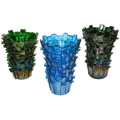 Venini Ritagli Murano Glass Vases in Marine Blue and Iridescent Green